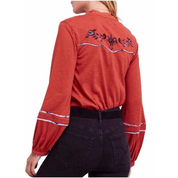 Free People Sundance Kid Western Henley Top Floral Embroidered Small Pearl Snap - Picture 3 of 14
